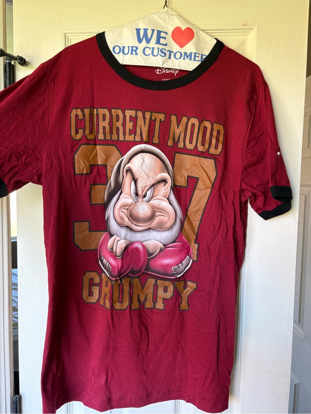 Disney Maroon Short-Sleeve Grumpy Graphic Tee with Black Trim